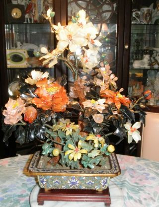 Antique Chinese Bronze Cloisonne Lotus Blossom,  Jade Agate Hardstone Tree,  Large