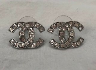 Chanel Vintage Silver Tone Rhinestone Crystal Strass Cc Logo Earrings Studs Vip