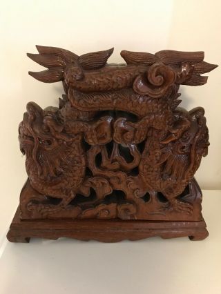 Antique Hand Carved Wooden Dragon Fish Statue