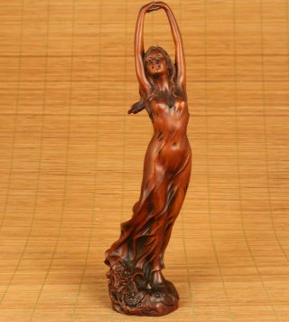 Old Boxwood Hand Carved Belle Girl Dancing Long Skirt Statue Collect Blessing