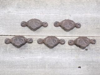 5 Cast Iron Fancy Cup Pulls Drawer Cabinet Bin Handles Rustic Vintage Dresser