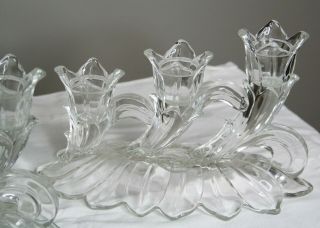 2 Vintage Glass Triple Candle Holder Set - Heavy - Very Pretty