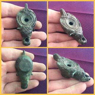 Rare Ancient Roman Bronze Zoomorphic Head Oil Lamp,  2nd To 4th Century Ad