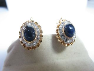 Vintage 14k Solid Rose Gold Earrings With Natural Sapphires And Diamonds