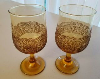 Rare Antique Amber Colored Etched Glass Wine Glass Set Of Two
