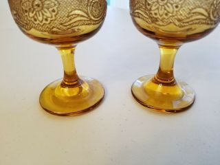 RARE ANTIQUE AMBER COLORED ETCHED GLASS WINE GLASS SET OF TWO 2