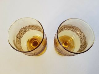 RARE ANTIQUE AMBER COLORED ETCHED GLASS WINE GLASS SET OF TWO 3