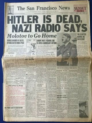 Wwii World War Ii Newspaper 5 - 1 - 1945 Headline Hitler Dead Photo Mussolini Hanged