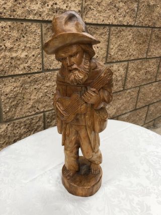 Vintage Hand Carved Wooden Folk Art Statue Of An Old Man Playing The Guitar