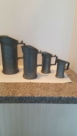 Four Antique Dutch Pewter Graduated Measuring Cups Great Primitive Kitchen Decor