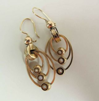 Antique Victorian Enameled 14k Gold Triple Hoop Chandelier Earrings With Pearls