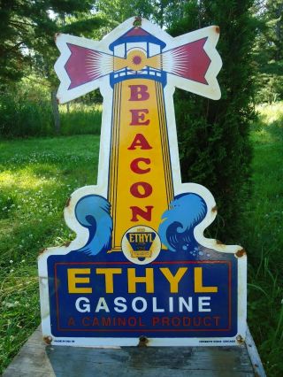 Old Vintage 1959 Beacon With Ethyl Gasoline Porcelain Enamel Gas Pump Sign