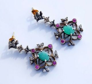 Antique Stud Dangle Earrings Solid 9k Gold Diamond Ruby Emerald /7.  3