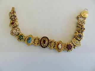 Vintage 14k Gold Victorian Slide Bracelet 14 Slides Sapphire - Emerald - Ruby - Pearls