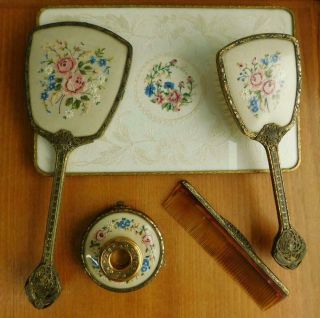 Vintage English Petit Point Vanity Dressing Table Set Tray Brush Hand Mirror Etc