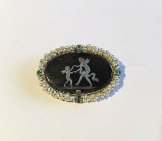 Antique Vintage Art Deco Platinum Crystal,  Onyx,  Pearls & Emeralds Pin