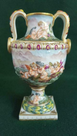 1900s Antique Capodimonte Two Handled Urn Vase H/p Cherubs & Gilding