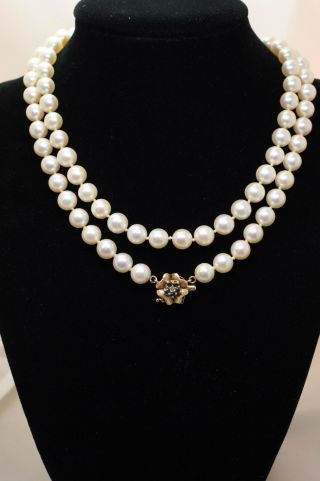 Vintage Double Strand Pearl Necklace 14k Yellow Gold Diamond & Sapphire Clasp