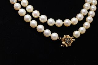 Vintage Double Strand Pearl Necklace 14k Yellow Gold Diamond & Sapphire Clasp 2