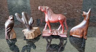 4 Small Wooden Hand Crafted Figurines (cactus,  Eagle,  Horse & Coyote)
