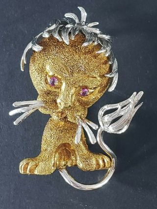 Vintage Brooch 750 14k Yellow White Gold Lion Ruby Signed Unoaerre Italy 22 Gr