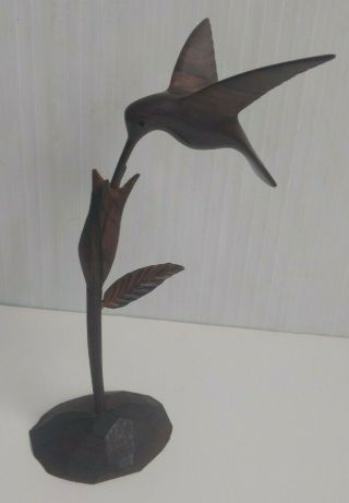 Hand Carved Dark Wood Hummingbird And Flower Sculpture 9.  5 "