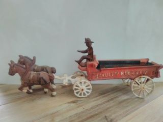 Vintage Schultz Beer & Ale Cast Iron Horse Drawn Wagon