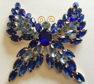 Rare Large Vintage Large Eisenberg Ice Signed Shades Of Blue Rhinestone Butterfl