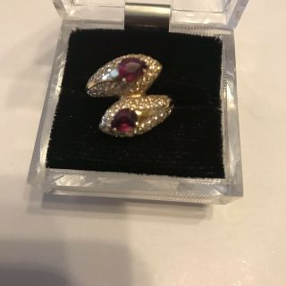 Two Headed Ruby & Diamonds 14k Gold Snake Ring