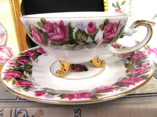 Made In Japan Tea Cup And Saucer Moss Rose Pink 3 Footed Teacup Garland Of Roses
