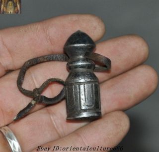 2 " Old Tibetan Buddhism Cattle Leather Meteorite Iron Phurpa Seal Amulet Pendant
