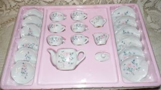 Vintage Fishel Toys Ltd.  Pink Floral Roses Porcelain Childs Tea Set 22 Pc.  Nib