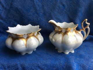 Antique Porcelain Opal Or Iridescent Gold Trim Footed Cream & Sugar M&z Austria