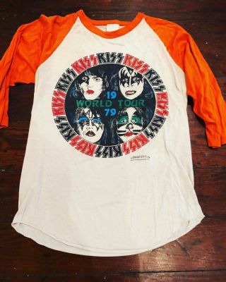 Rare Vtg Kiss 1979 Kiss Returns Tour Baseball Tshirt Orange Sleeve Paper Thin L
