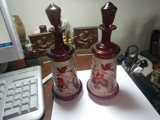 Antique 2 Flashed Ruby Red Glass Perfume Bottles Dresser Set Birds Old Estate