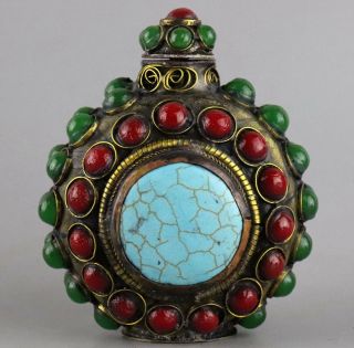 Collect Old Bronze Inlay Jade & Turquoise Carve Royal Family Noble Snuff Bottle