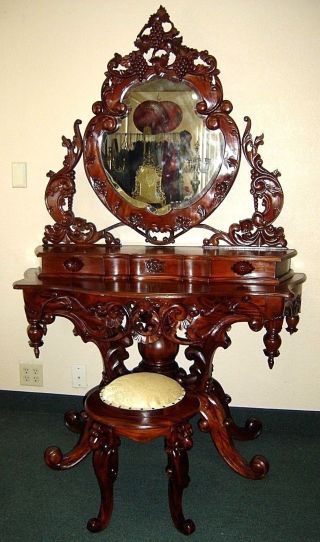 Antique Hand - Carved Cherry Wood Vanity/makeup/dressing Table W/stool & Drawers