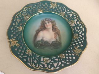 Antique Portrait Plate - Nouveau Lady - Bavaria Cico China - Teal W/ Pierced Edge