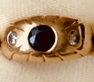 Vintage 14k Yellow Gold.  75 Ct Sapphire Ring w/ two.  16 Side Diamonds.  7g. 2