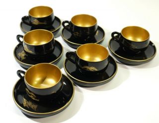 Set of 6 Signed Japanese Painted Black & Gilt Laquered Cups & Saucers 2