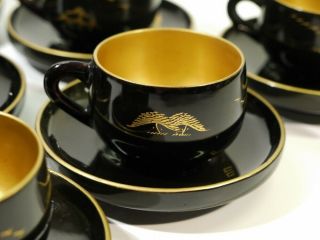 Set of 6 Signed Japanese Painted Black & Gilt Laquered Cups & Saucers 3