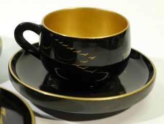 Set of 6 Signed Japanese Painted Black & Gilt Laquered Cups & Saucers 4