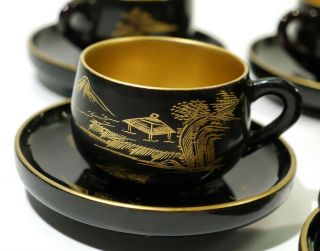 Set of 6 Signed Japanese Painted Black & Gilt Laquered Cups & Saucers 5