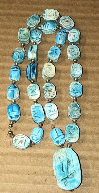 Carved Antique Scarab Beads Necklace Hieroglyphics Ancient Egypt 100 Grams