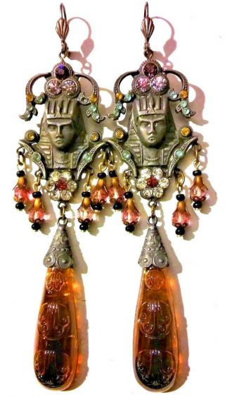 Antique Victorian Earrings Art Nouveau Egyptian Pharaoh Vintage Czech Crystal