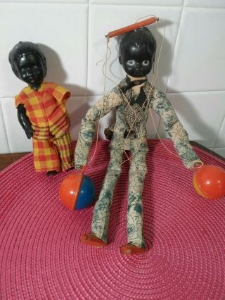 Vintage Black Americana Hand Made Marrionette Puppet Doll With 2 Rattles,