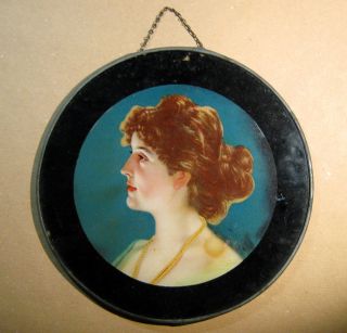 Vtg Round Glass Woman Picture Wall Hanging Reverse Printed Antique Lady Portrait