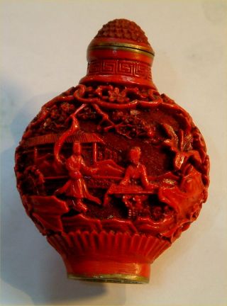 Old Oriental Snuff / Scent Bottle Carved Red Material.  Perfect,  No Chips,  Top