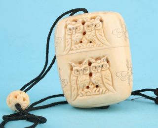 Precious Chinese Cattle Bone Pendant Box Decorate Hand - Carved Owl Mascot