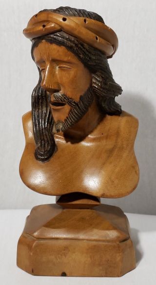 Vintage Jesus Christ Bust Sculpture Wood Hand Carved Statue Folk Art Religious